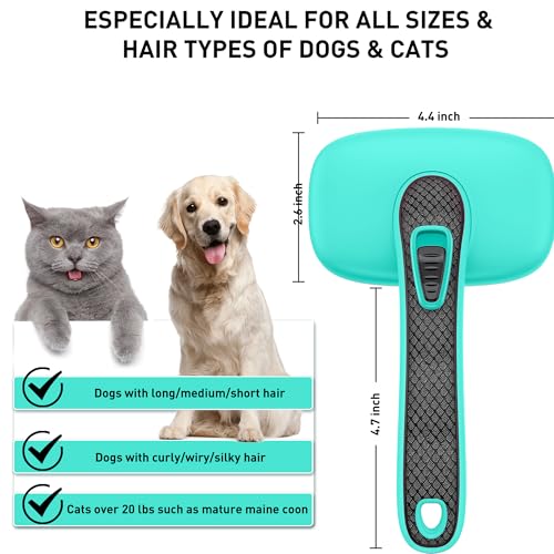Self Cleaning Slicker Brush for Dog & Cats, Skin Friendly Deshedding Grooming Tool for Shedding Long and Short Haired Pets, Easy Clean Retractable Bristles, Green