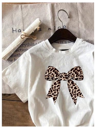 Girl's Graphic T-Shirt Y2k Bow Leopard Print Trendy Crewneck Short Sleeve Cute Summer Tees4
