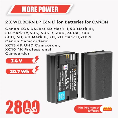 Image of WELBORN LP-E6N Dual Battery and Charger Combo for Canon EOS 5D Mark II III IV 5DS 5DS R 6D 60D 6D Mark II 7D 7D Mark I,70D 80D