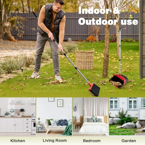 Image of Broom and Dustpan Set for Home, Broom with Dustpan Cleaning Teeth Combo Set, Indoor Sweep Broom with Long Handle for Office Home Kitchen Lobby Floor (Black Red)