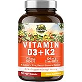 Herbzilla Vitamin D3 5000 IU Plus Vitamin K2 All-Trans Form MK7, 2 in 1 Support, Soy Gluten Free,...