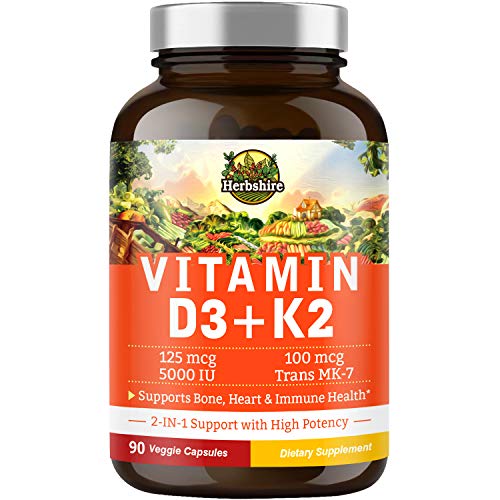 Herbzilla Vitamin D3 5000 IU Plus Vitamin K2 All-Trans Form MK7, 2 in 1 Support, Soy Gluten Free, Non-GMO, Bone, Heart, Immune, Teeth, Joint Health and Muscle Function, Calcium Absorption, 90 Veg Caps