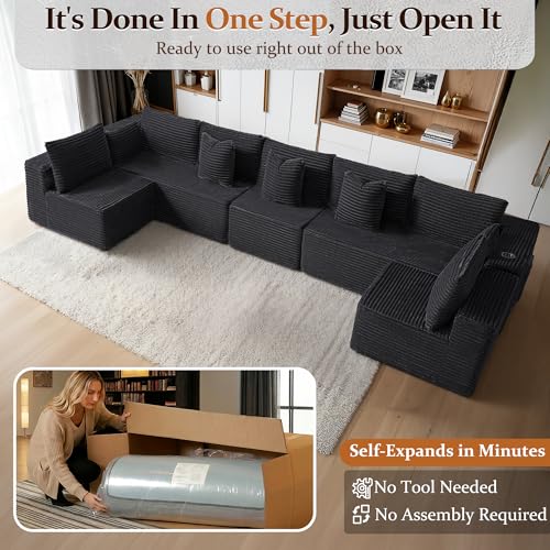 Image of 168 inch Cloud Sectional Couch, Comfort U Shaped Sofa for Living Room, Extra Deep Seats No Assembly, Minimalist Modular Couch, Corduroy (Black, 7 Seats,U-Shape B)