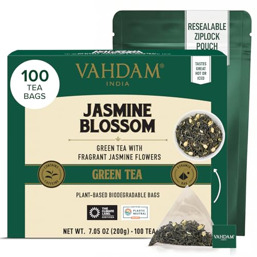 Image of VAHDAM, Jasmine Green Tea Bags (100 Count) Med Caffeine, Non GMO | High Grown Green Tea Blended w /Pure Jasmine Flowers | Resealable Ziplock Pouch