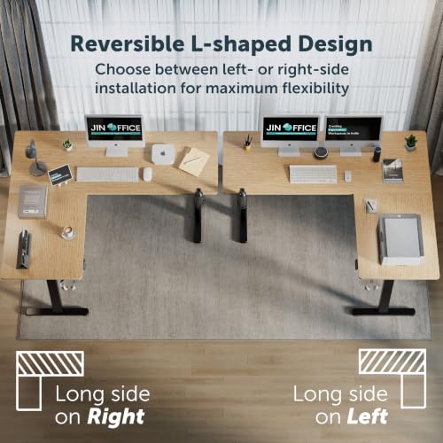 Image of JIN OFFICE Atlas L-Shaped Electric Height Adjustable Desk |Reversible Design L-Shape Adjustable Table | 3 Year Warranty,100 KG Wt. Cap, Memory Presets, Cup Holder|Home Office Sit Stand Desk Maple