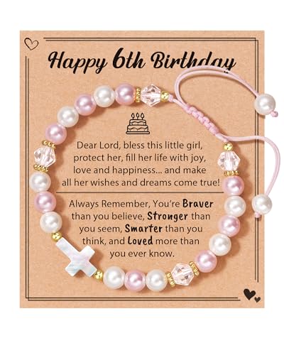 HGDEER Birthday Gifts for Girls, Adjustable Pink White Pearl Cross Bracelet for Girls Daughter Granddaughter Niece
