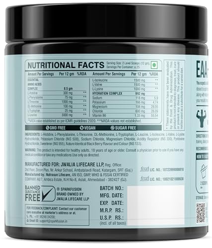 Image of Sparkfusion 8500 mg Eaa+ & 6000mg Bcaa (300 gm) Essential Amino Acids | Pre /Intra Workout and Muscle Growth & Recovery | All 9 Essential Amino Acid EAA Powder (Black Berry)