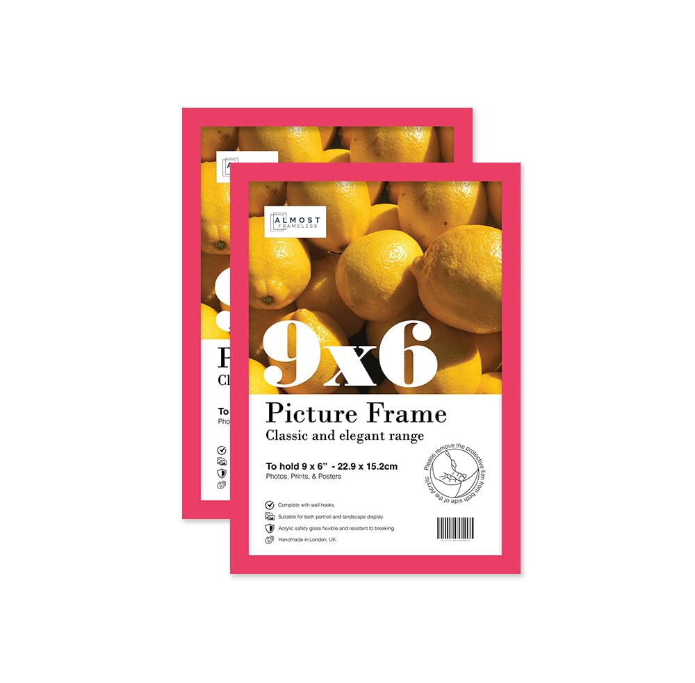 Almost Frameless 9x6 Bright Pink Picture Frame Set of 2, Display 9x6 Picture Gallery Wall, Poster, Photo, Artwork, or Print, Yellow