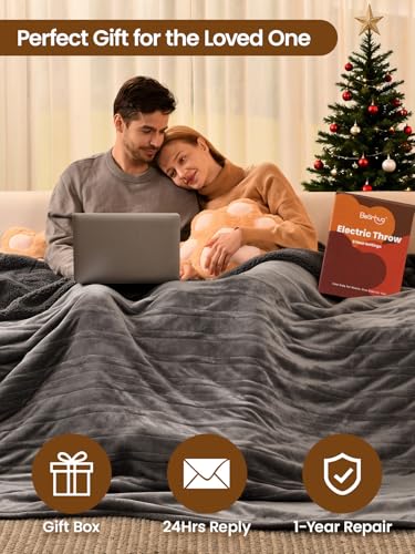 Image of Bearhug Electric Blanket Twin Size, 90F-108F Fast Heating Throw with 10 Heat Levels & 1-12H Auto Shut-Off, Machine Washable Soft Velvet and Sherpa Heated Blanket for Bed or Couch, Gray