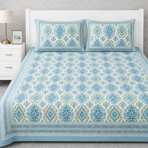 Image of elanorhomes Cotton Double King Size Bedsheet | Hand Printed | Ultra-Soft & Skin-Safe | Breathable Summer Comfort | 90x108 inches with 2 Pillow Covers (Rajputana Ikkat)