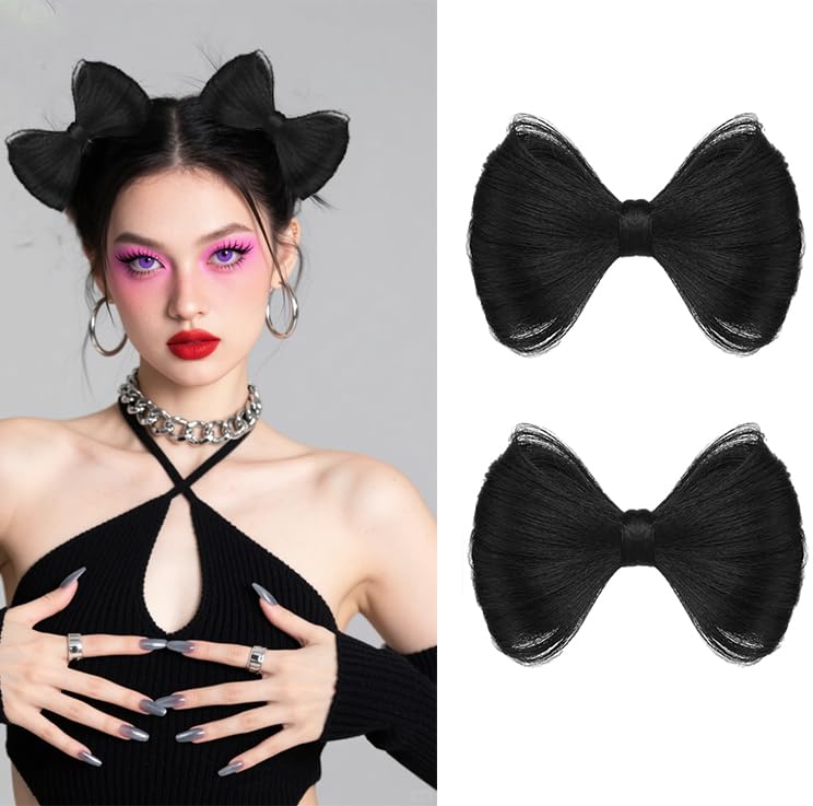 2pcs Bowknot Hair Bun Pieces with Scrunchies Black Bowknot Wig Clips Synthetic Fake Hair Buns Women Party Hair Styling Tools Hair Clips Accessories