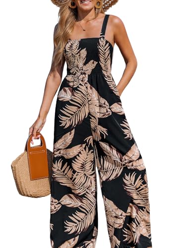 CUPSHE Damen Tropischer Jumpsuit Quadratischer Ausschnitt Ärmellos Gesmoktes Top Weites Bein Sommer Elegant Overall, Sch...