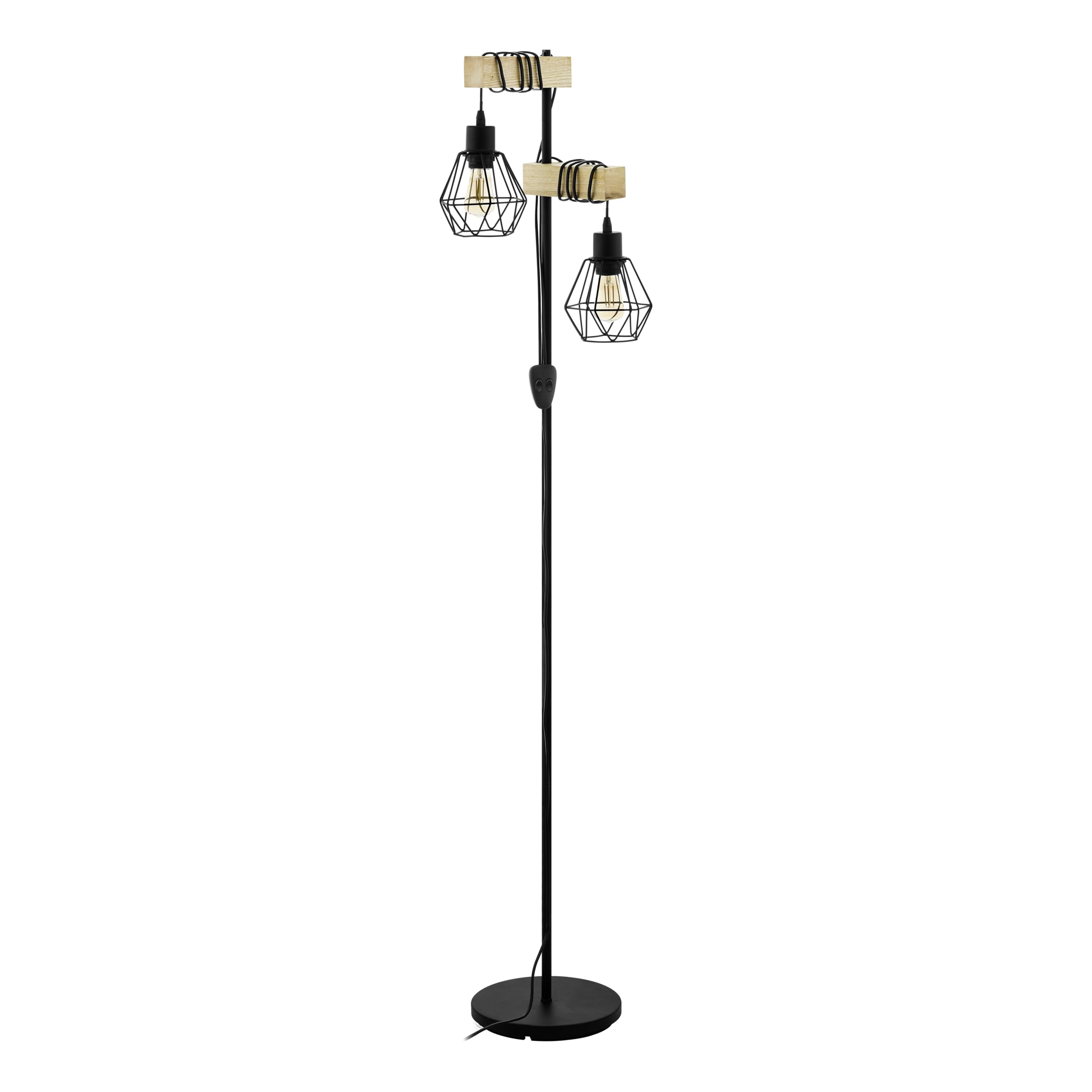 Eglo Lámpara de pie TOWNSHEND 5, 2 bombillas de estilo industrial, lámpara de pie de acero y madera, negro, marrón, casquillo E27, incl interruptor, certificado FSC