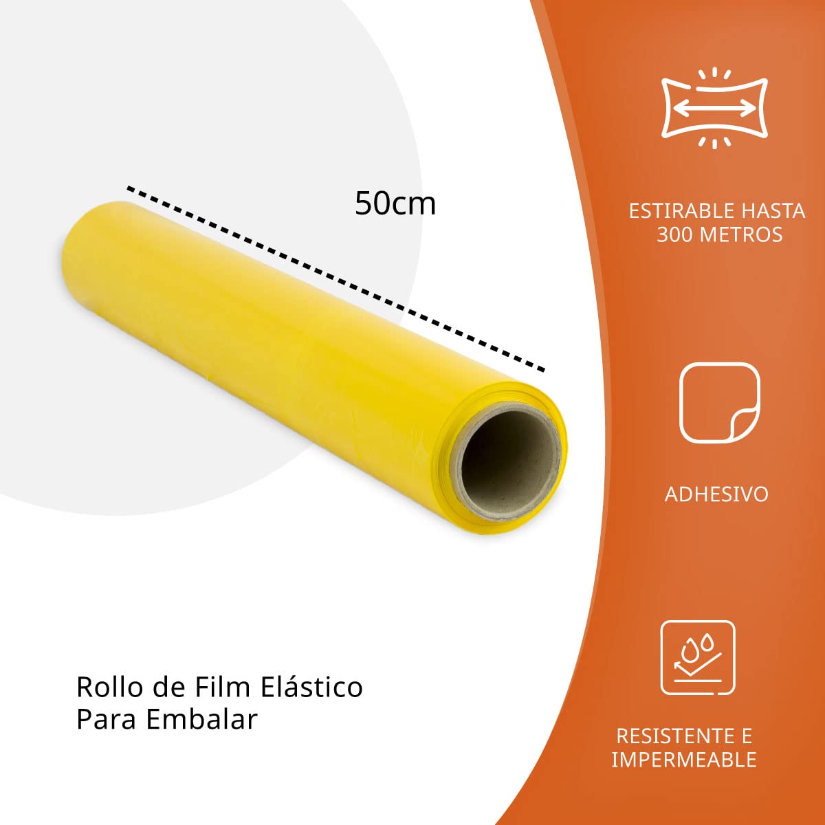 Ofituria Film Amarillo para Embalar 50 cm de ancho y estirable hasta 300 Metros de Longitud – Rollo de Film Elástico Manual para Embalaje Industrial – 3 unidades