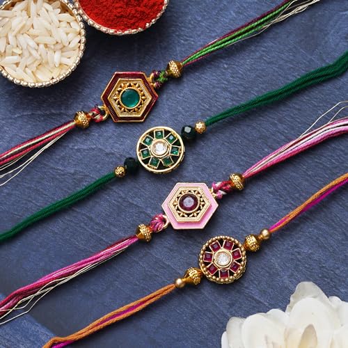 Image of eCraftIndia Set of 4 Multicolor Designer Rakhis, Best Bro Ever Fridge Magnet with Roli Chawal Pack - Rakhis for Brother, Bhabhi, Kids