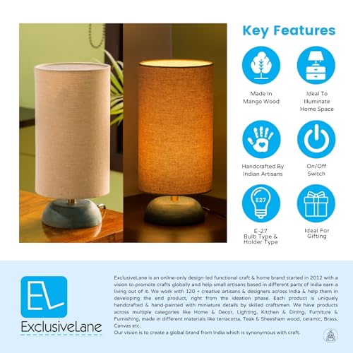 Image of ExclusiveLane 'Faraday' Wooden LED Table Lamp For Living Room Bedroom Bedside Lamp (13 Inch, Wood, Turquoise, Without Bulb, Pack Of 1) |Bedside Side Table Lamps For Home Decoration Office Side Lamp