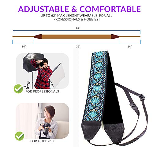 Blue Woven Vintage Camera Strap Belt For All DSLR Camera. Embroidered Elegant Universal DSLR Strap, Floral Pattern Neck Shoulder Camera Strap for Canon, Nikon,Pentax, Sony, Fujifilm and Digital Camera - Image 4