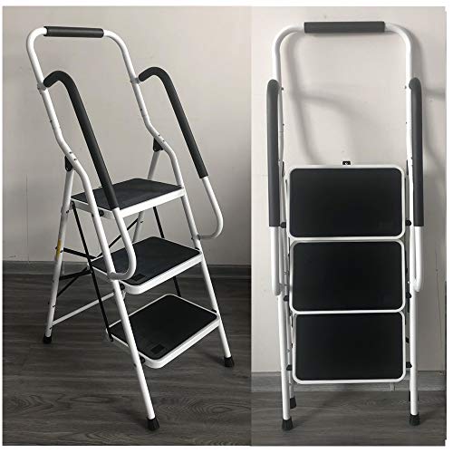 Escabeau 3 Marches de Sécurité, Main courante de Sécurité, Acier Robuste, Pliable, Portable avec Tapis en Caoutchouc Antidérapant – Charge de 150 kg