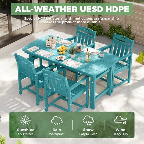 Image of HDPE Outdoor Dining Set, Patio Table and Chairs Set, All-Weather 5-Piece Outside Table and 4 Chairs, 2 inch Umbrella Hole, Outdoor Furniture for Garden, Poolside, Backyard, Deck | Lake Blue