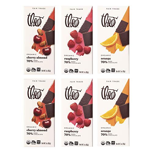 Theo Chocolate Organic Dark Chocolate + Fruit Variety 6 Pack | 3 Different Flavors, 2 of Each Bar | Easter Chocolate, Vegan, Fair Trade