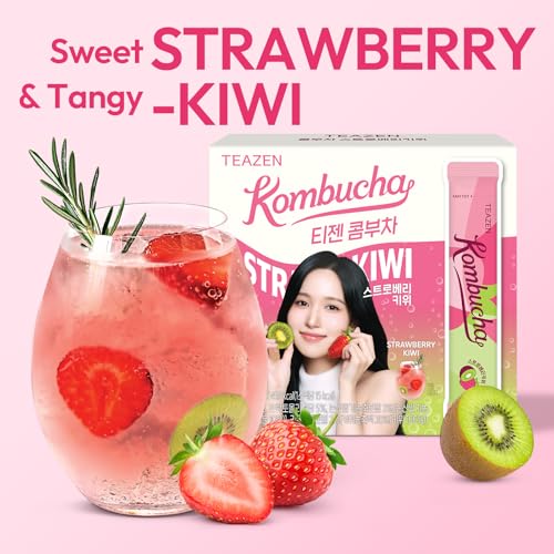 Image of TEAZEN Strawberry Kiwi Kombucha Powder, Hydration Drink Mix, Sugar Free, Live Probiotics & Prebiotics, On-the-Go 30 Packets, 5.29oz