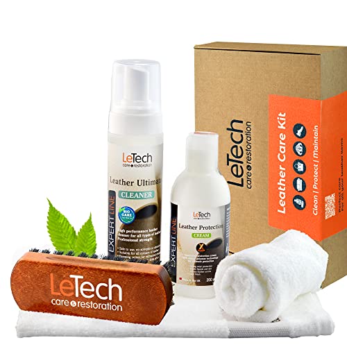 Letech Leather Cleaner for Car Interior 6.8 oz, 4-Piece Shoe Leather Care Kit, Leather Conditioner for Furniture 200 ml, Leather Furniture Cleaner and Conditioner with Cream, Brush, Towel