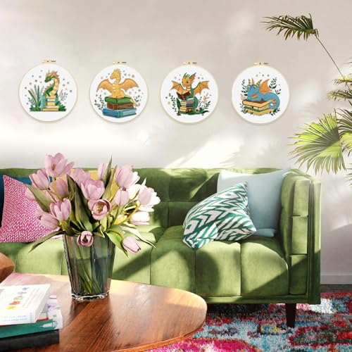 Image of FREEBLOSS 4 Set Book Embroidery Kit with Stamped Cartoon Dragon and Book Pattern Embroidery Kit for Beginners Instructions Included Cross Stitch Kit Embroidery Starter Kit for Adults 20cm