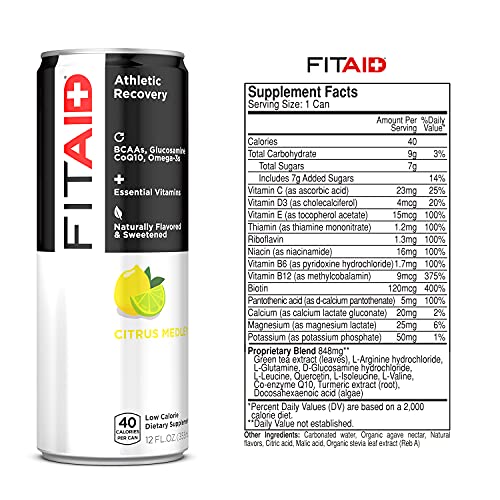 FITAID Recovery Blend, 100% Clean and Paleo Friendly, No Artificial Colors, Flavors or Sweeteners, BCAAs, L-Glutamine, L-Arginine, Omega 3s, 12 Fl Oz (Pack of 24)