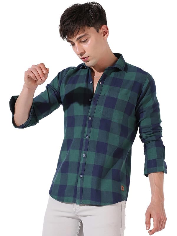 Campus Sutra Campus Sutra Men's Navy Blue & Forest Green Buffalo Check Shirt for Casual Wear | Spread Collar | Long Sleeve | Button Closure | Cotton Shirt Crafted with Comfort Fit for Everyday Wear in navy