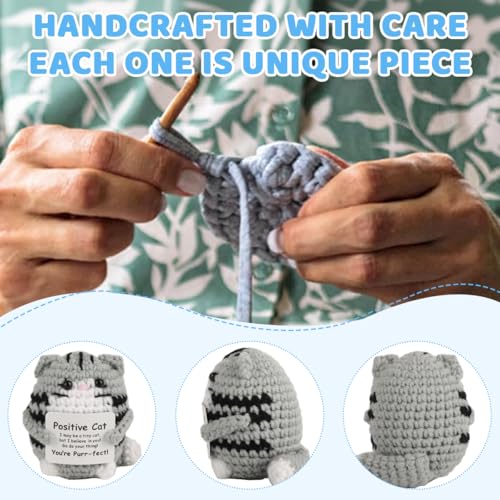 Image of Zibuyu Handmade Crochet Toys with Positive Message Card, Cute Cat Crochet Doll, A Cute and Inspiring Crochet Gifts, Ornament Suitable for Office and Home Use, Gray
