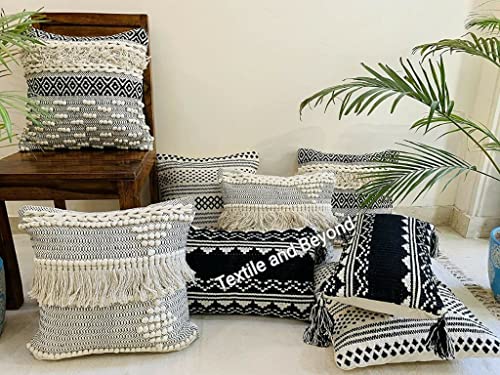 Image of Cushion - Boho Handloom Cotton Throw Cushion Covers Set of 5, 16X16 inches - Decorative Pillow Cases Sofa, Couch, Chair, Kitchen, Bedroom, Room,