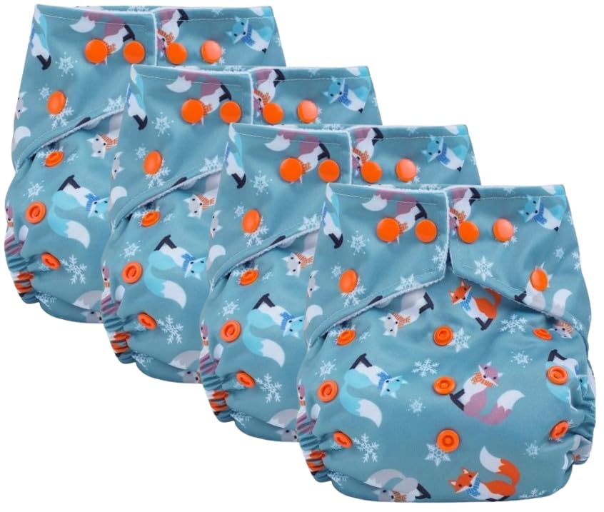 4 Pack Reusable Pocket Nappies with 8 Bamboo Inserts, Washable Cloth Diapers Adjustable Closure, Press Stud Popper, Mixed Designs. Highly Absorbent Award Winning Nappies. (Foxes)