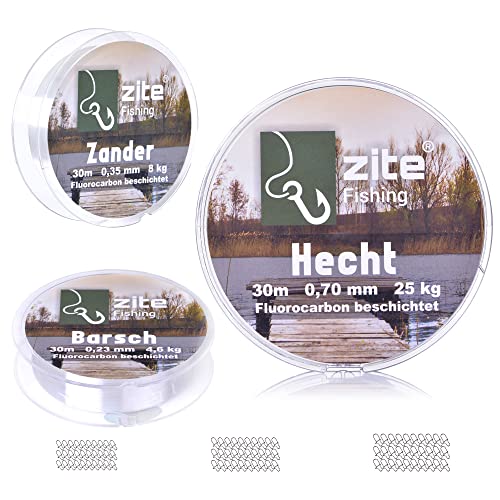 Zite Fishing Fluoro-Carbon Vorfach-Schnur Set - Monofile Angelschnur Beschichtet 0,23-0,7mm - Insgesamt 90m für Barsch, Zander & Hecht Angeln Zite Fishing Fluoro-Carbon Vorfach-Schnur Set - Monofile Angelschnur Beschichtet 0,23-0,7mm - Insgesamt 90m für Barsch, Zander & Hecht Angeln