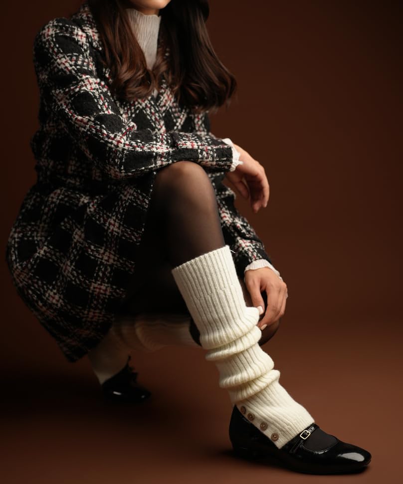 Image of Theater Women Ribbed Knit Leg Warmer - Cream | Soft Stretchable Acrylic Blend | Cozy Layer Over Boots & Tights | Free Size Winter Accessory