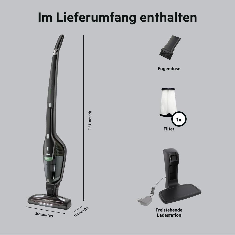 AEG Serie 3000 Ergorapido CX7-2-45MÖ 2in1 Akku Staubsauger, 50% Recyclingmaterial, beutellos, bis zu 45 min Laufzeit, freistehend, wendig, Bürstenreinigungsfunktion, LED, 0.5L, schwarz