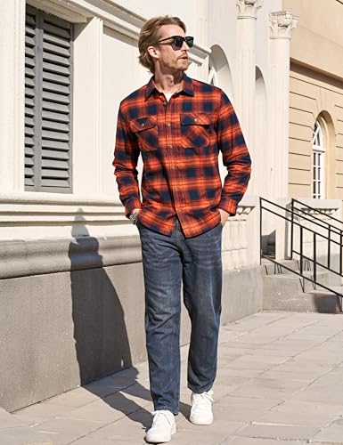 TACVASEN Flannel Shirt for Men Long Sleeve Plaid Shirt Corduroy Cuff Collar Casual Lightweight Cotton Button Down Shirts4