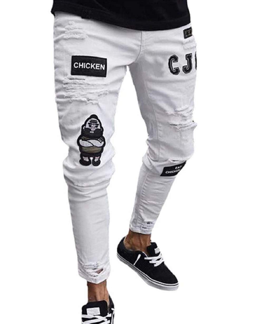 Harri Me Men's White 'S Ripped Distressed Destroyed Skinny Slim Fit Tapered Leg Stretch Denim Pants Jeans (, S)