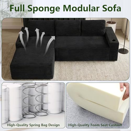 Image of 104.3 inch Modular Sectional Sofa,Modern Corduroy Cloud Couch with Cup Holder & Side Pockets,Boneless Couch Upholstered 3-Seater L-Shaped Sofa for Living Room,No Assembly (Black, Left-Facing Chaise) | with Cup Holder