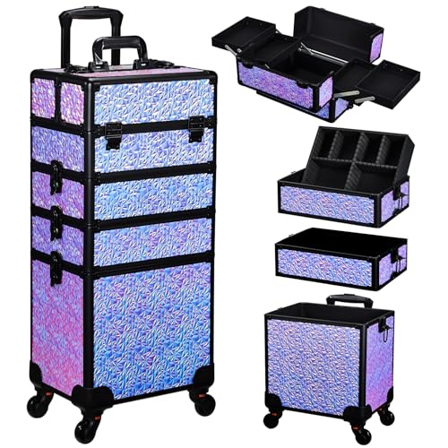 Valise de Maquillage 4-en-1 XXL Grande Capacité, Cadre Aluminium Mallette Cosmétique Verrouillable à roulettes 360°, pour Coiffure, Onglerie, Violet...