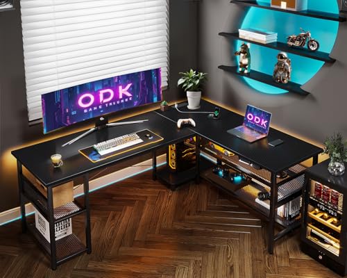ODK L Shaped Gaming Desk, 168 X 120 cm Reversible Computer Desk with 2 Sockets and 2 USB Charging Ports, Corner Desks with Storage, Gaming Table Carbon Fiber Black - Image 3