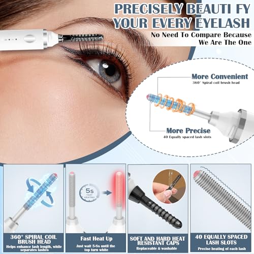 Elektrische Wimpernzange Beheizt mit 1 Tasche, 3-in-1 Beheizter Wimpernbürste Wimpern Wickler, Wiederaufladbarer Wimpern Curler mit 3 Wimpernkämme & 5s Aufheizen, Elektrischer Wimpernformer (Weiß)