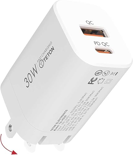Adaptador de cargador rápido USB-C de 30 W, (plegable) TETON ELECTRONICS PD Bloque de cargador de pared PD QC 3.0 PPS cargador tipo C de doble