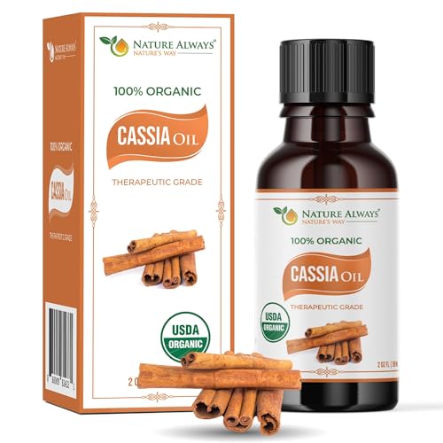 Nature Always USDA Certified 100% Organic Cassia Essential Oil | Aromatherapy Diffuser, Therapeutic Grade, Non-GMO Verified, Emotional Well-Being & Flavoring | Massage Oil - 2 Oz with Dropper