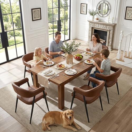 Image of HNY Modern Dining Room Arm Chairs Set of 6, Retro Faux Leather Upholstered Barrel Dining Chairs with Arms Mid-Century Brown Accent Chair with Metal Legs, Open-Back Kitchen Side Chair for Living Room