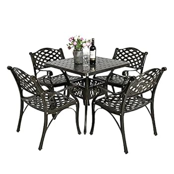 Alternative view of VIVIJASON 5-Piece Outdoor Patio Dining Set, All-Weather Cast Aluminum Conversation Set, Patio Furniture Set for Balcony Lawn Garden Backyard, Include 4 Chairs, a 30.5” Square Table with Umbrella Hole