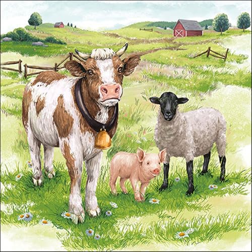 Lot de 20 serviettes en papier avec motif vache, cochon et mouton - Idéales également pour le découpage et la technique des serviettes 33 x 33 cm