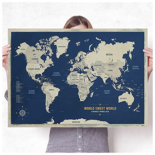 Pôster Mapa-Múndi azul com adesivo