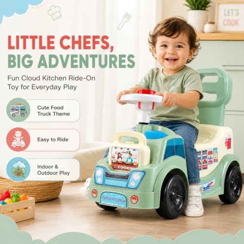 Image of Cloud Kitchen Ride On Toy for Kids 1-5 Years with LED Lights, Front & Rear Storage, Foot to Floor Ride On Car, Comfortable Backrest, Kids Ride On Car for Boys & Girls