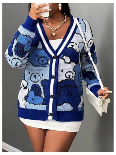 Floerns Women's Button Up Cartoon Cardigan Sweater V Neck Long Sleeve Loose Knitwear4