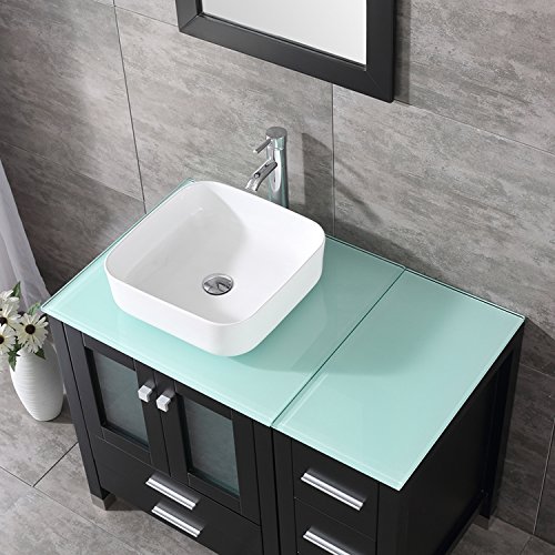Bathjoy 36" Black Modern Wood Bathroom Vanity Cabinet Square Ceramic Vessel Sink Top Free Faucet Drain With Mirror #TOP5